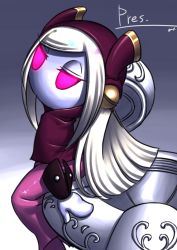 Rule 34 | 1girl, alternate form, back, buttons, colored skin, disembodied limb, facing away, female focus, gloves, glowing, glowing eyes, gradient background, grey background, headphones, highres, hood, jitome, kirby: planet robobot, kirby (series), kuromura gin, long hair, long skirt, looking at viewer, looking back, mecha, mittens, nintendo, no arms, no feet, no humans, no mouth, pale skin, parallel susie, pres. parallel susie, robot, simple background, skirt, solo, super kirby clash, susie (kirby), white background, white hair, wrist cuffs