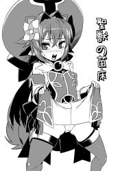 Rule 34 | 1girl, animal ears, bare shoulders, blush, breasts, clothes lift, cowboy shot, dress, dress lift, elbow gloves, extra ears, gloves, greyscale, hair ornament, hat, long hair, looking at viewer, matsuhime mujina, monochrome, open mouth, panties, pointy ears, raccoon ears, raccoon tail, shinrabanshou, skirt, small breasts, solo, spread legs, sweat, tail, thighhighs, to-gnaniwa, translation request, underwear