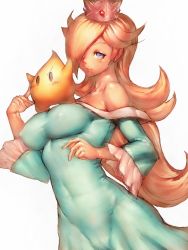 Rule 34 | 1girl, bare shoulders, blonde hair, blue eyes, blush, breasts, cameltoe, covered erect nipples, covered navel, crown, dress, fumio (rsqkr), hair over one eye, impossible clothes, impossible dress, jewelry, large breasts, lips, long hair, luma (mario), mario (series), nintendo, off shoulder, parted lips, purple eyes, rosalina, simple background, sketch, skin tight, smile, solo, star (symbol), super mario bros. 1, super mario galaxy, super smash bros., taut clothes, very long hair, white background