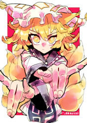Rule 34 | 1girl, animal ears, animal hat, blonde hair, blurry, blurry background, border, closed mouth, commentary, double fox shadow puppet, dress, fox ears, fox shadow puppet, fox tail, hair between eyes, hand gesture, hat, kitsune, long sleeves, looking at viewer, mob cap, multiple tails, outstretched arms, raised eyebrow, red background, slit pupils, solo, style request, tabard, tail, tassel, touhou, tsurime, tsuru (nekopanchi), upper body, white dress, white hat, yakumo ran, yellow eyes