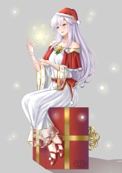 Rule 34 | 1girl, absurdres, adapted costume, bare shoulders, box, circlet, collarbone, commission, dress, fire emblem, fire emblem: genealogy of the holy war, gift, gift box, grey background, hat, highres, julia (fire emblem), long hair, merry christmas, nintendo, on box, purple eyes, red footwear, ryuuneart, santa hat, short sleeves, silver hair, simple background, sitting, sitting on box, smile, solo, star (symbol), white dress