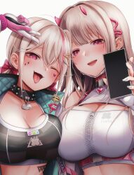 Rule 34 | 2girls, absurdres, black cloak, black tank top, blonde hair, blunt bangs, blush, breasts, cellphone, cleavage, cloak, collarbone, commentary request, fangs, goddess of victory: nikke, hair ornament, highres, jackal (nikke), large breasts, long hair, looking at viewer, mask, metsubushi, mole, mole under eye, mouth mask, multiple girls, nail polish, phone, pink eyes, side ponytail, simple background, snake hair ornament, tank top, tongue, tongue out, v, viper (nikke), white background, white tank top