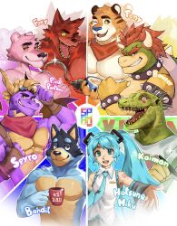 Rule 34 | 1girl, 6+boys, artist logo, bandit heeler, bara, bare shoulders, blue hair, bluey, bowser, caiman (dorohedoro), collared shirt, color wheel challenge, cup, detached sleeves, dorohedoro, fangs, five nights at freddy&#039;s, foxy (fnaf), frosted flakes, furry, furry male, goggles, goggles on head, hatsune miku, highres, holding, holding cup, holding goggles, hook hand, long hair, looking at viewer, mario (series), multiple boys, multiple drawing challenge, nintendo, number tattoo, odd one out, one eye closed, open mouth, outstretched hand, shirt, short twintails, shoulder tattoo, sleeveless, sleeveless shirt, smile, spamagotchi, sparkle, spyro (series), spyro the dragon, super mario bros. 1, tattoo, teeth, the pink panther, the pink panther (character), thumbs up, tony the tiger, twintails, upper teeth only, very long hair, vocaloid