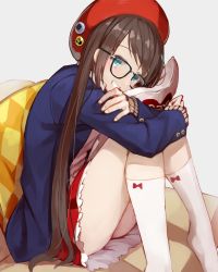 Rule 34 | 1girl, badge, beret, black-framed eyewear, blazer, blue eyes, blue jacket, brown hair, button badge, commentary request, feet out of frame, glasses, grey background, grin, hat, highres, hugging object, idolmaster, idolmaster shiny colors, jacket, long hair, long sleeves, looking at viewer, mitsumine yuika, no shoes, open clothes, open jacket, pillow, pillow hug, pleated skirt, red hat, red skirt, simple background, sitting, skirt, sleeves past wrists, smile, socks, solo, sue (bg-bros), twintails, very long hair, white socks, yes, yes-no pillow