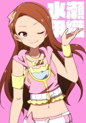 Rule 34 | 1girl, armband, bare shoulders, belt, blush, breasts, brown eyes, brown hair, character name, closed mouth, crop top, cropped hoodie, dot nose, gold hairband, gold necklace, hair ornament, hairband, hand up, hood, hood down, hoodie, idolmaster, idolmaster (classic), idolmaster million live!, idolmaster million live! theater days, jewelry, kidachi, lightning bolt, lightning bolt hair ornament, lightning bolt symbol, long hair, looking at viewer, midriff, minase iori, multiple necklaces, navel, necklace, one eye closed, open hand, pink background, pink diamond 765 (idolmaster), pink hoodie, simple background, sleeveless, sleeveless hoodie, small breasts, smile, solo, translated, upper body, white belt, yellow armband, yellow wristband