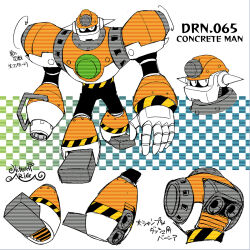 Rule 34 | 1boy, android, ariga hitoshi, arm cannon, armor, arrow (symbol), artist name, black bodysuit, black eyes, blue background, bodysuit, boots, breastplate, character name, character sheet, checkered background, chest jewel, commentary request, concept art, concrete, concrete man, concrete mixer, dark green background, drum (container), from behind, full body, gem, gloves, gradient background, green gemstone, helmet, highres, joints, knee boots, light green background, looking at viewer, looking to the side, male focus, mega man (classic), mega man (series), mega man 9, mega man megamix, multiple views, no humans, no mouth, no nose, orange armor, orange footwear, portrait, robot, robot ears, robot joints, scanlines, screw, shoe soles, shoulder armor, signature, simple background, spiked helmet, standing, striped clothes, three quarter view, translation request, turnaround, upper body, weapon, white background, white gloves