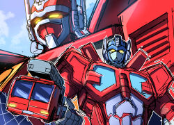 Rule 34 | autobot, clenched hand, cloud, fire convoy, fire truck, glowing, glowing eyes, highres, jazz jack, looking at viewer, mecha, motor vehicle, multiple views, no humans, optimus prime, orange eyes, robot, science fiction, sketch, sky, transformers, transformers car robots, truck, upper body