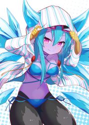 Rule 34 | 1girl, blue hair, breasts, colored skin, demon girl, halftone, halftone background, hellice frost demon (p&amp;d), highres, hood, hoodie, long hair, marui shiro, navel, purple eyes, purple skin, puzzle &amp; dragons, slit pupils, smile, solo, tail, wings