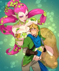 Rule 34 | 1boy, 1girl, bad artstation id, bad id, bare shoulders, blonde hair, blue eyes, blue scarf, blush, breasts, cleavage, closed eyes, clothing cutout, colored eyelashes, commentary, curvy, english commentary, eyelashes, eyeshadow, fingernails, floating, giant, giantess, great fairy (zelda), green headwear, green tunic, hair ornament, hand in pants, harem pants, hat, height difference, hug, hug from behind, hyrule warriors, kukumomo, large breasts, leaf hair ornament, link, long fingernails, makeup, nail polish, nintendo, pale skin, pants, pink hair, pink nails, pointy ears, pony (animal), purple eyeshadow, scarf, size difference, the legend of zelda, thick eyebrows, thigh cutout, tunic, wide hips
