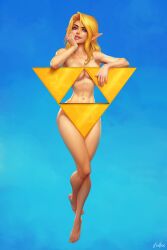 Rule 34 | 1girl, abs, barefoot, blonde hair, blue background, blue eyes, breasts, cleavage, convenient censoring, evulchibi, highres, long hair, looking at viewer, medium breasts, nintendo, nude, pointy ears, princess zelda, simple background, solo, the legend of zelda, toes, video game
