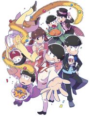 Rule 34 | 10s, 1girl, 6+boys, ;3, absurdres, black hair, bow, bowl cut, bowtie, brothers, brown eyes, brown hair, cake, coattails, confetti, cup, dress, drinking glass, esper nyanko, food, formal, hairband, heart, heart in mouth, highres, jewelry, jitome, looking at viewer, matsuno choromatsu, matsuno ichimatsu, matsuno jyushimatsu, matsuno karamatsu, matsuno osomatsu, matsuno todomatsu, messy hair, multiple boys, necklace, nozomi uni, one eye closed, osomatsu-kun, osomatsu-san, outstretched arm, pearl necklace, sextuplets, short twintails, siblings, simple background, sitting, smile, suit, tinsel, traditional bowtie, turkey (food), tuxedo, twintails, white background, wine glass, yowai totoko