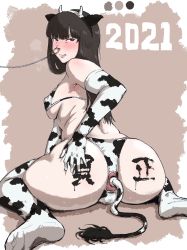 Rule 34 | 1girl, absurdres, anal, anal fluid, anal object insertion, anal tail, animal ears, animal print, anus, ass, back, bikini, black eyes, black hair, blush, body writing, breasts, butt plug, cow ears, cow print, cow print bikini, elbow gloves, fake tail, girls und panzer, gloves, gomabura, hand on own ass, highres, long hair, nishizumi shiho, nose piercing, nose ring, object insertion, piercing, print bikini, sex toy, sitting, solo, swimsuit, tail, thighhighs, wariza