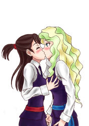 Rule 34 | 10s, 2girls, arms at sides, belt, black neckwear, blonde hair, blue eyes, blue vest, blush, grabbing another&#039;s breast, brown hair, collared shirt, couple, diana cavendish, closed eyes, female focus, friends, grabbing, green hair, hand on another&#039;s face, highres, kagari atsuko, kiss, little witch academia, long hair, long sleeves, looking at another, multicolored hair, multiple girls, necktie, one side up, school uniform, shirt, simple background, standing, surprised, two-tone hair, vest, white background, white shirt, witch, yuri