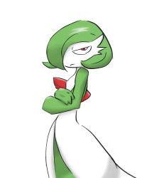 Rule 34 | 1girl, absurdres, bob cut, closed mouth, colored skin, creatures (company), crossed arms, female focus, flat chest, from side, game freak, gardevoir, gen 3 pokemon, green hair, green skin, hair over one eye, half-closed eyes, highres, looking at viewer, multicolored skin, nintendo, one eye covered, pokemon, pokemon (creature), red eyes, short hair, simple background, sketch, solo, standing, suzuki gamelove, two-tone skin, white background, white skin