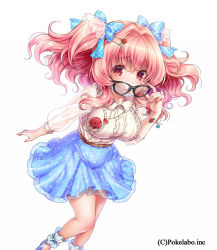 Rule 34 | 1girl, ankle cuffs, black-framed eyewear, blush, bow, breasts, glasses, hair bow, hizuki akira, jewelry, large breasts, long hair, looking at viewer, mask, mouth mask, necklace, original, pink hair, red eyes, see-through, see-through sleeves, simple background, skirt, solo, surgical mask, transparent sleeves, twintails, white background