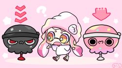 Rule 34 | 1girl, ?, arrow (symbol), beanie, bright pupils, chibi, commentary, hat, inkling, inkling girl, inkling player character, long hair, nintendo, open mouth, pink background, pink hair, pink hat, solo, splatoon (series), splatoon 3, splatoon 3: side order, super chump (splatoon), symbol-only commentary, tentacle hair, white pupils, yellow eyes, yoshishi (yosisitoho)