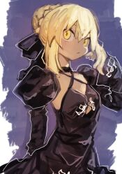 Rule 34 | 1girl, 9302w (user wjpg8475), artoria pendragon (all), artoria pendragon (fate), black bow, black choker, black dress, blonde hair, blue background, bow, braid, breasts, choker, closed mouth, dress, fate/stay night, fate (series), french braid, hair bow, hair bun, hand up, highres, juliet sleeves, long sleeves, looking at viewer, puffy sleeves, saber alter, short hair, sidelocks, single hair bun, small breasts, solo, two-tone background, upper body, white background, yellow eyes