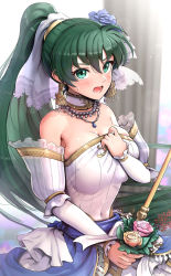 Rule 34 | 1girl, bare shoulders, blurry, blurry background, blush, breasts, candle, cleavage, commentary request, detached collar, dress, earrings, fire emblem, fire emblem: the blazing blade, fire emblem heroes, frills, gonzarez, green eyes, green hair, hair ornament, highres, jewelry, large breasts, lips, long hair, looking at viewer, lyn (bridal) (fire emblem), lyn (fire emblem), necklace, nintendo, official alternate costume, open mouth, ponytail, solo, sparkle, strapless, strapless dress, sweat, sweatdrop, wedding dress, white dress
