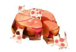 Rule 34 | animal, cat, chai (drawingchisanne), commentary request, eating, food, food focus, highres, holding, holding food, no humans, original, pulling, signature, sitting on food, slice, tart (food), undersized animal, white background