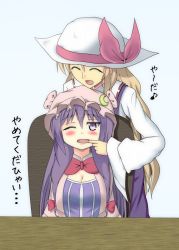 Rule 34 | 2girls, ^ ^, blonde hair, blush, breasts, cheek pull, cleavage, cleavage cutout, closed eyes, clothing cutout, crescent, female focus, hat, highres, long hair, mob cap, mouth pull, multiple girls, open mouth, patchouli knowledge, purple eyes, purple hair, shamisen (syami sen), sidelocks, simple background, smile, touhou, translation request, watatsuki no toyohime, white background