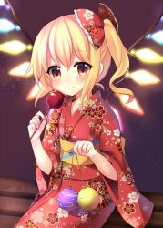 Rule 34 | 1girl, alternate costume, balloon, bench, blonde hair, blush, bow, breasts, candy apple, closed mouth, commentary request, crystal, dot nose, eyelashes, flandre scarlet, floral print, food, frilled bow, frills, hair bow, holding, holding balloon, japanese clothes, kimono, long sleeves, looking at viewer, multicolored wings, obi, obijime, one side up, red bow, red eyes, red kimono, ruhika, sash, side ponytail, sidelocks, sitting, small breasts, solo, string, touhou, upper body, wide sleeves, wings