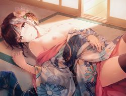 Rule 34 | 1girl, bare shoulders, black thighhighs, blush, breasts, brown eyes, brown hair, collarbone, comic aun, day, eyelashes, fingernails, floral print, flower, hair flower, hair ornament, highres, hiten (hitenkei), indoors, japanese clothes, kimono, looking at viewer, nipples, non-web source, obi, off shoulder, open clothes, open kimono, parted lips, sash, short hair, sliding doors, solo, tatami, thighhighs, topless, white flower, wooden floor, yukata