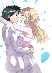 Rule 34 | 1boy, 1girl, ash ketchum, bare shoulders, black hair, blonde hair, blush, braid, brown eyes, cowboy shot, creatures (company), dress, eye contact, flower, french braid, game freak, green eyes, hair flower, hair ornament, hands on another&#039;s back, hands on another&#039;s shoulders, kuriyama, lillie (pokemon), long hair, looking at another, nintendo, open mouth, pokemon, pokemon (anime), pokemon sm (anime), short hair, smile, tuxedo, wedding dress, white background, white dress