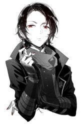 Rule 34 | 1boy, bracer, commentary request, earrings, fingernails, greyscale, jacket, jewelry, kashuu kiyomitsu, long sleeves, male focus, mole, mole under eye, monochrome, nail polish, open clothes, open jacket, red eyes, red nails, rella, scarf, simple background, solo, spot color, touken ranbu, upper body, white background