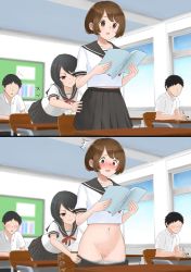 Rule 34 | 2boys, 2girls, ^^^, assisted exposure, before and after, black hair, blush, bob cut, book, brown hair, bullying, ceiling, chair, classroom, cleft of venus, closed mouth, clothes pull, collarbone, desk, embarrassed, grin, highres, humiliation, indoors, leaning forward, midriff peek, multiple boys, multiple girls, multiple views, navel, neck ribbon, open mouth, original, panties, pantsing, panty pull, pleated skirt, pulling another&#039;s clothes, pussy, red ribbon, ribbon, school, school chair, school desk, school uniform, serafuku, short hair, skirt, skirt pull, smile, standing, teeth, thighs, underwear, undressing, white panties, window, yukiichi
