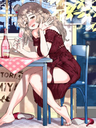Rule 34 | 1girl, alternate costume, barefoot, bottle, brown eyes, chair, commentary request, cup, dress, drinking glass, drunk, full body, grey hair, hat, high heels, highres, igarashi mangou, kantai collection, long hair, looking at viewer, mini hat, off-shoulder dress, off shoulder, pola (kancolle), purple dress, red footwear, shoes, unworn shoes, sitting, solo, table, tilted headwear, wavy hair, wine bottle, wine glass