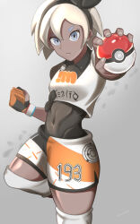 Rule 34 | 1girl, absurdres, bea (pokemon), black bodysuit, black hairband, blonde hair, bodysuit, bodysuit under clothes, bow hairband, clenched hand, collared shirt, commentary request, covered navel, creatures (company), dark-skinned female, dark skin, dynamax band, game freak, gloves, grey background, grey eyes, hair between eyes, hairband, highres, holding, holding poke ball, knee pads, leg up, midzuki (aimizuai), nintendo, partially fingerless gloves, poke ball, poke ball (basic), pokemon, pokemon swsh, print shirt, print shorts, shirt, short hair, shorts, side slit, side slit shorts, single glove, solo