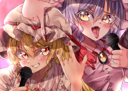 Rule 34 | 2girls, absurdres, blonde hair, breasts, brooch, buttons, close-up, collared shirt, commentary request, dress shirt, fangs, flandre scarlet, frilled shirt collar, frills, hair between eyes, hat, highres, holding, holding microphone, jewelry, looking at viewer, lower teeth only, m/, mahoro (minase mahoro), microphone, mob cap, multiple girls, nail polish, open mouth, orange eyes, pink background, pink headwear, pink shirt, puffy short sleeves, puffy sleeves, purple hair, red nails, remilia scarlet, shirt, short sleeves, small breasts, teeth, tongue, tongue out, touhou, upper teeth only, v-shaped eyebrows, white headwear, white shirt, yellow brooch