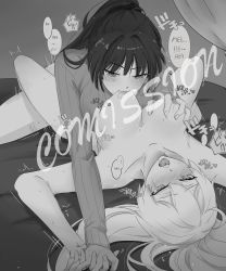 Rule 34 | absurdres, black hair, blush, grabbing another&#039;s breast, breast sucking, breasts, commission, english text, grabbing, greyscale, heavy breathing, highres, honkai (series), honkai impact 3rd, interlocked fingers, kiana kaslana, large breasts, liliumpham, long hair, lying, missionary, monochrome, motion lines, on back, ponytail, raiden mei, ribbed sweater, speech bubble, spread legs, sweater, watermark, white hair, yuri