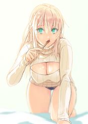 Rule 34 | 1girl, aqua eyes, bent over, blonde hair, breasts, cleavage, food, food in mouth, hair between eyes, holding, holding food, kneeling, large breasts, lipstick, long hair, long sleeves, looking at viewer, makeup, meme attire, mustard seeds, no pants, open-chest sweater, original, panties, pocky, ribbed sweater, sexually suggestive, simple background, solo, straight hair, sweater, turtleneck, underwear, white background, yuuji (and)