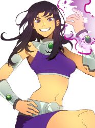 Rule 34 | 1girl, absurdres, arm armor, arm guards, armlet, bare shoulders, belt, black hair, blackfire, breasts, closed mouth, colored skin, commentary, cowboy shot, crop top, dc comics, energy, english commentary, gem, gorget, green gemstone, hand on own hip, hand up, highres, isaacchief300, knee up, long hair, looking at viewer, medium breasts, metal belt, midriff, navel, open hand, parted bangs, purple eyes, purple skirt, purple tank top, skirt, smile, solo, superhero costume, tank top, teen titans, teeth, thighs, v-shaped eyebrows, yellow skin