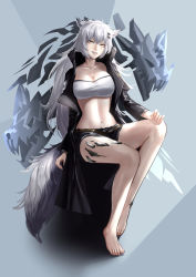 Rule 34 | 1girl, absurdres, animal ears, arknights, bandeau, bare legs, barefoot, benghuai (yhae7454), black jacket, black shorts, breasts, commentary, grey background, grey eyes, grin, hair ornament, hairclip, head tilt, highres, invisible chair, jacket, lappland (arknights), large breasts, long hair, long sleeves, looking at viewer, material growth, midriff, navel, open clothes, open jacket, oripathy lesion (arknights), scar, scar across eye, scar on face, short shorts, shorts, silver hair, sitting, smile, solo, stomach, strapless, tail, thighs, tube top, very long hair, wolf ears, wolf tail
