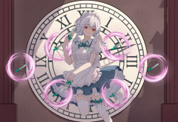 Rule 34 | 1girl, absurdres, apron, aqua ribbon, between fingers, blue dress, braid, collared shirt, commentary request, dial, dress, foot out of frame, frilled apron, frills, grin, highres, holding, holding knife, izayoi sakuya, knife, knives between fingers, kulomi, long hair, looking at viewer, maid apron, maid headdress, petticoat, pillar, puffy short sleeves, puffy sleeves, red eyes, ribbon, roman numeral, shirt, short sleeves, smile, solo, thighhighs, throwing knife, touhou, touhou lost branch of legend, twin braids, weapon, white apron, white hair, white shirt, white thighhighs