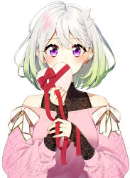 Rule 34 | 1girl, bare shoulders, bow, box, braid, commentary request, covered mouth, ear piercing, earrings, gift, gift box, gradient hair, green hair, hair between eyes, heart, heart-shaped box, heart earrings, highres, holding, holding gift, jewelry, long sleeves, looking at viewer, multicolored hair, nail polish, off-shoulder sweater, off shoulder, piercing, pink nails, pink sweater, puffy long sleeves, puffy sleeves, purple eyes, red bow, sakuragi ren, silver hair, simple background, sleeves past wrists, solo, sweater, upper body, virtual youtuber, white background, white bow, yuni (yuni channel), yuni channel