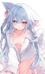 1girl all_fours animal_ear_fluff animal_ears blue_eyes blush breasts collarbone collared_shirt commentary_request commission copyright_request dress_shirt fukunoki_tokuwa gradient_hair grey_hair hand_up heterochromia long_hair long_sleeves looking_at_viewer multicolored_hair naked_shirt navel parted_lips pinching_sleeves pink_hair red_eyes shirt skeb_commission sleeves_past_wrists small_breasts solo very_long_hair virtual_youtuber watermark white_background white_shirt