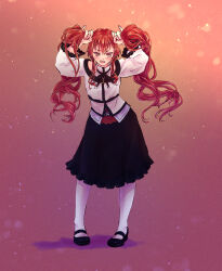 1girl absurdres alternate_hairstyle annoyed arms_up blush breasts bunching_hair eris_greyrat highres long_hair looking_at_viewer mushoku_tensei open_mouth playing_with_own_hair red_eyes red_hair skirt small_breasts smile solo teeth tongue twintails