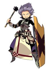 Rule 34 | 1boy, armor, atlus, bag, belt, boots, brown eyes, etrian odyssey, fortress (sekaiju), full body, grin, himukai yuuji, mace, male focus, official art, pouch, purple hair, sekaiju no meikyuu, sekaiju no meikyuu 4, sharp teeth, shield, simple background, smile, solo, standing, teeth, wavy hair, weapon, white background