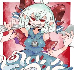 Rule 34 | 1girl, bare shoulders, blue dress, blush, curled horns, dress, grey hair, grin, hair between eyes, holding, holding spoon, horns, looking at viewer, massakasama, oversized object, red eyes, red horns, red sleeves, sharp teeth, sheep horns, short hair, smile, solo, spoon, teeth, touhou, toutetsu yuuma