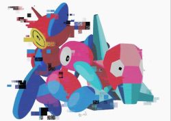 Rule 34 | 01coil, black eyes, bright pupils, commentary request, creatures (company), evolutionary line, game freak, gen 1 pokemon, gen 2 pokemon, gen 4 pokemon, glitch, looking down, nintendo, no humans, pokemon, pokemon (creature), porygon, porygon-z, porygon2, signature, white background, white pupils, yellow eyes