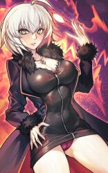 Rule 34 | 1girl, absurdres, black dress, black footwear, blue coat, boots, breasts, cleavage, coat, collarbone, dress, dynamitenatalia, fate/grand order, fate (series), fire, fur-trimmed coat, fur trim, grey hair, highres, jeanne d&#039;arc alter (fate), jeanne d&#039;arc alter (ver. shinjuku 1999) (fate), jewelry, knee boots, large breasts, long sleeves, looking at viewer, necklace, open clothes, open coat, panties, purple panties, short dress, short hair, smile, solo, thighs, underwear, yellow eyes