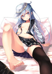 Rule 34 | 10s, 1girl, bad id, bad pixiv id, barefoot, bed, black thighhighs, blue eyes, blue hair, breasts, feet, flat cap, hammer and sickle, hat, head tilt, hibiki (kancolle), highres, kantai collection, long hair, looking at viewer, lying, matching hair/eyes, navel, no bra, on back, on bed, open clothes, open shirt, panties, pantyshot, pillow, pleated skirt, saraki, school uniform, serafuku, shirt, single thighhigh, skirt, small breasts, smile, solo, thighhighs, toes, underwear, verniy (kancolle), white panties