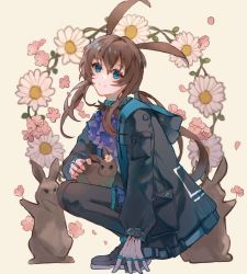 Rule 34 | 1girl, amiya (arknights), animal, animal ears, anklet, arknights, ascot, black footwear, black jacket, black pantyhose, blonde hair, blue ascot, blue collar, blue eyes, blue skirt, brown hair, collar, floral background, flower, full body, hair between eyes, highres, holding, holding animal, holding rabbit, hood, hooded jacket, jacket, jewelry, littlefishtold, long hair, looking at viewer, material growth, multiple rings, neck ring, oripathy lesion (arknights), pantyhose, pink flower, plaid, plaid skirt, pleated skirt, ponytail, procreate (medium), rabbit, rabbit ears, rabbit girl, ring, shoes, sidelocks, simple background, skirt, smile, solo, split mouth, squatting, thighlet, thumb ring, white flower