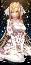 Rule 34 | 1girl, armor, asahina hikage, asuna (sao), asuna (stacia), breastplate, breasts, brown eyes, brown hair, cleavage, commentary request, dress, gloves, halo, highres, long hair, looking at viewer, medium breasts, pleated dress, sitting, solo, sword art online, sword art online: alicization, sword art online: alicization - war of underworld, thighhighs, very long hair, wariza, white dress, white gloves, white thighhighs