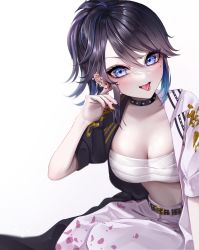 Rule 34 | 1girl, barbell piercing, black choker, black hair, blue eyes, breasts, chest sarashi, choker, cleavage, coat, commentary request, ear piercing, earrings, fayutea, fingernails, highres, indie virtual youtuber, industrial piercing, jewelry, kson, large breasts, looking at viewer, midriff, mole, mole under eye, multicolored coat, nail polish, open clothes, open coat, pants, petal print, piercing, print pants, sarashi, solo, souchou, tongue, tongue out, tongue piercing, two-tone coat, virtual youtuber