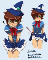 Rule 34 | 1boy, blue background, blue gloves, blue skirt, blush, briefs, brown hair, bulge, child, clothes lift, covering privates, covering crotch, crossdressing, frills, gem, gloves, green eyes, hat, heart, looking at viewer, magical girl, male focus, male underwear, mitose (seto), multiple views, puffy short sleeves, puffy sleeves, short hair, short sleeves, simple background, skirt, skirt lift, squiggle, sweat, time bokan (series), time bokan 24, tokio (time bokan), underwear, wand, witch hat