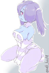 Rule 34 | 1girl, blue hair, blue skin, breasts, cleavage, colored skin, detached collar, detached sleeves, dress, from above, hair over one eye, kneeling, large breasts, lips, looking at viewer, mtk hoshi, red eyes, side ponytail, skullgirls, solo, squigly (skullgirls), stitched mouth, stitches, striped sleeves, twintails, zombie